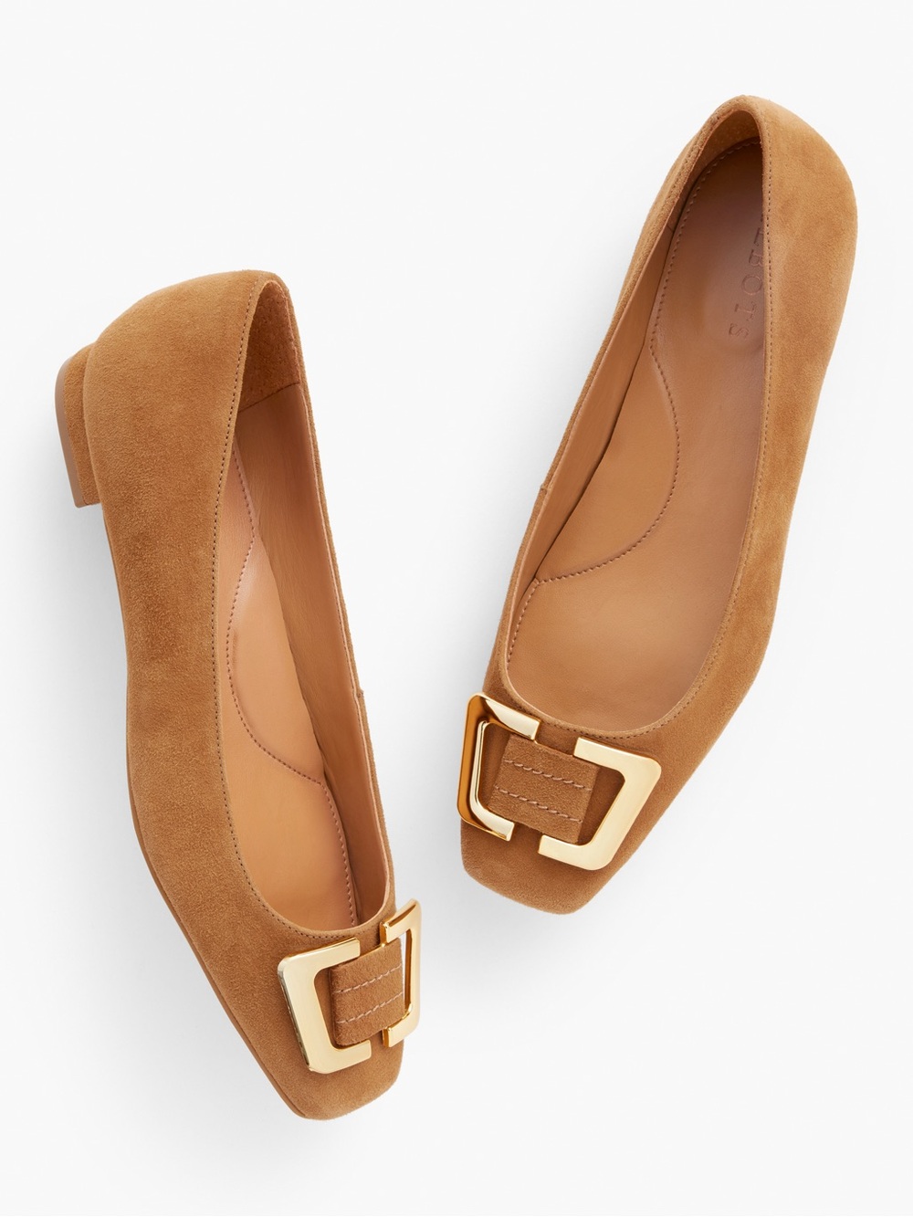 Talbots Camel Suede Square-Toe Flats with Gold Buckle